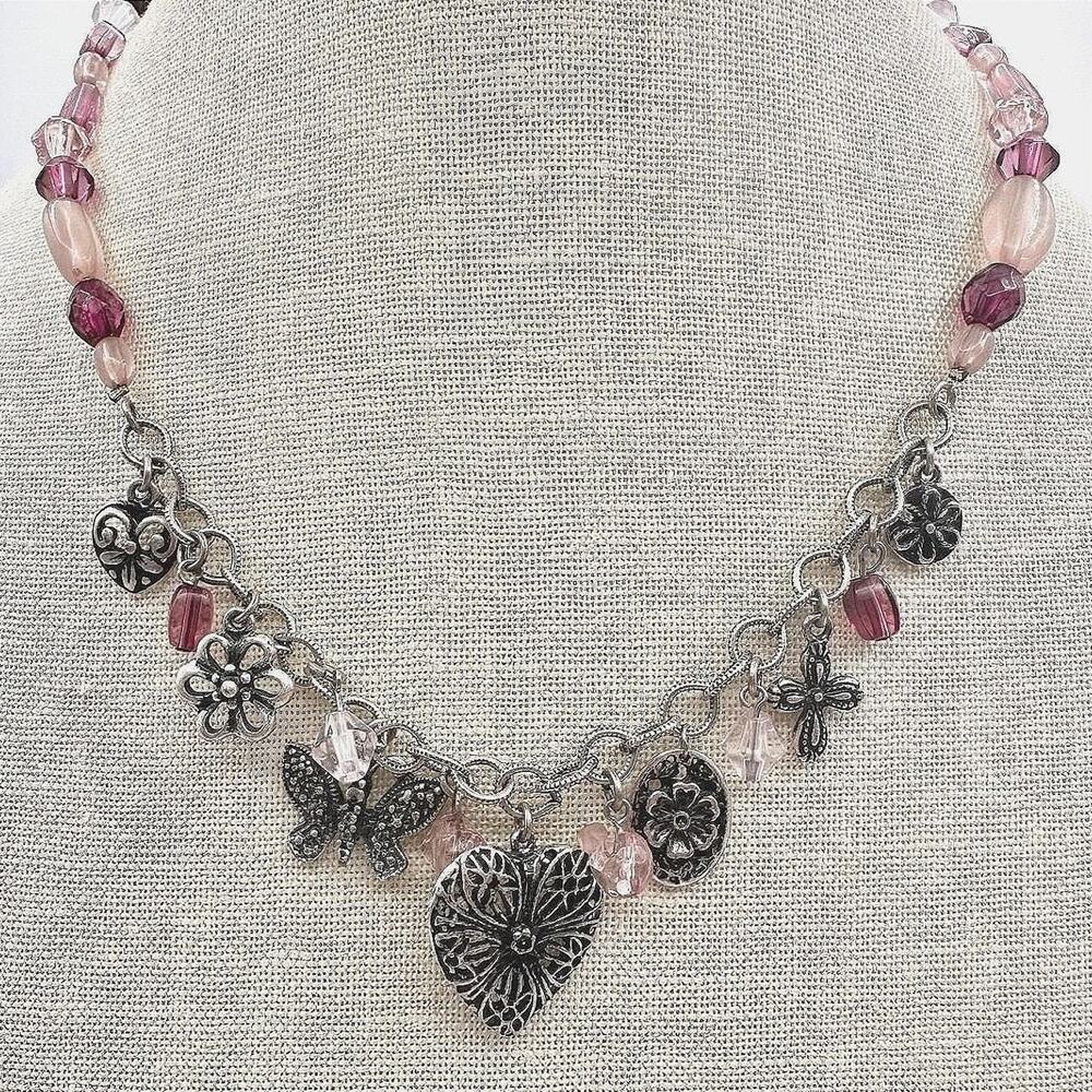 Vintage 80s Pink Purple Beads Charm Necklace Heart Butterfly Silver Tone Jewelry